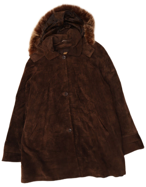 Privilegi Womens Oversized Hooded Suede Overcoat IT 48 XL Brown Leather