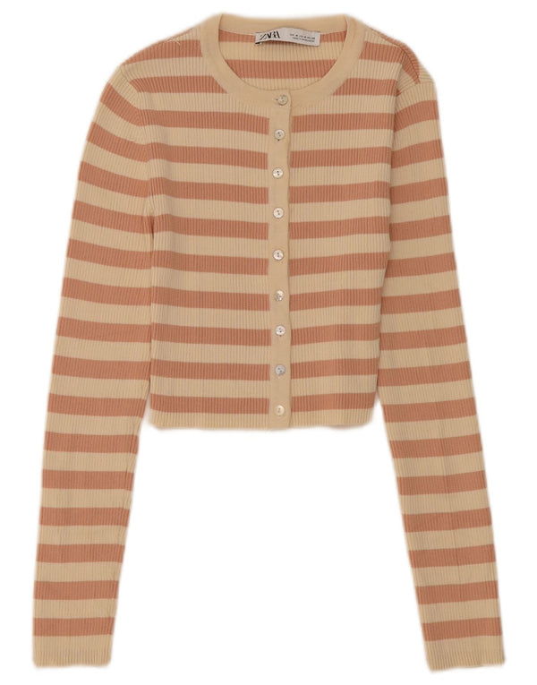 Zara Damen Crop Cardigan Top UK 12 Medium Beige Gestreiftes Nylon