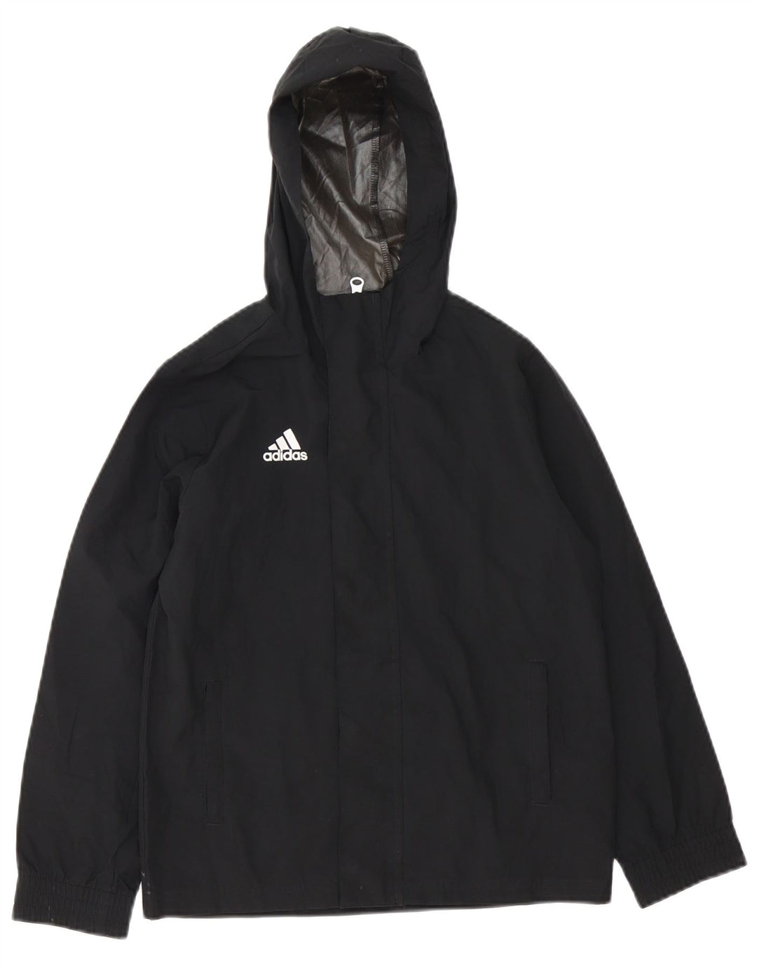 ADIDAS Boys Hooded Rain Jacket 9-10 Years Black Polyester