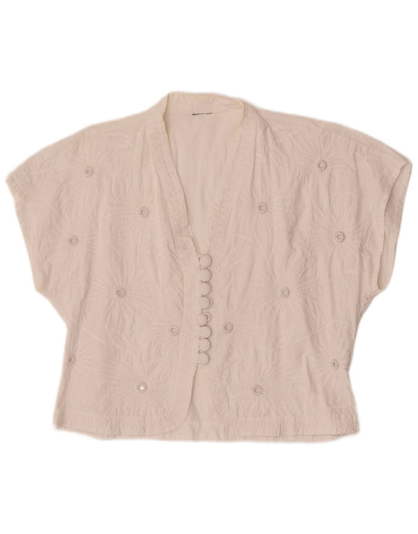 Vintage mujer crop manga corta camisa blusa Reino Unido 16 grande off blanco floral
