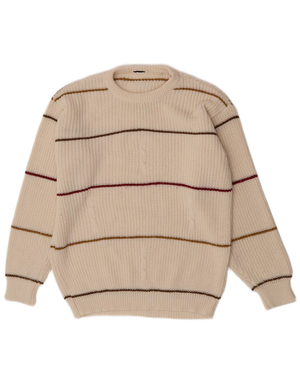 Vintage herre rund hals sweater medium off hvid stribet akryl