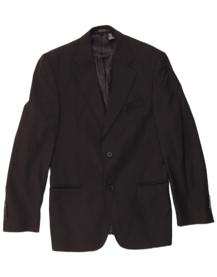 Zara Mens 2 Button Blazer Jacket EU 46 Small Navy Blue Wool