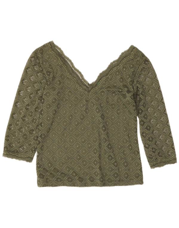 Blusa feminina de renda manga 3/4 Benetton Reino Unido 12 médio cáqui geométrico