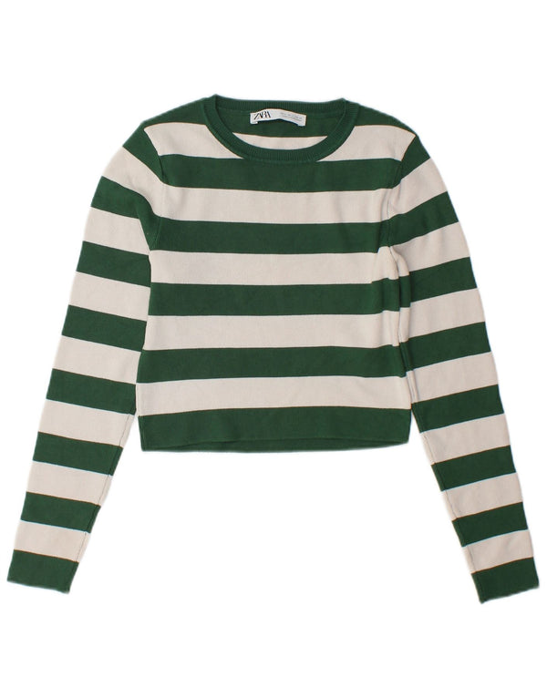 Zara Womens Crop Top Long Sleeve UK 12 Medium Green Striped Viscose