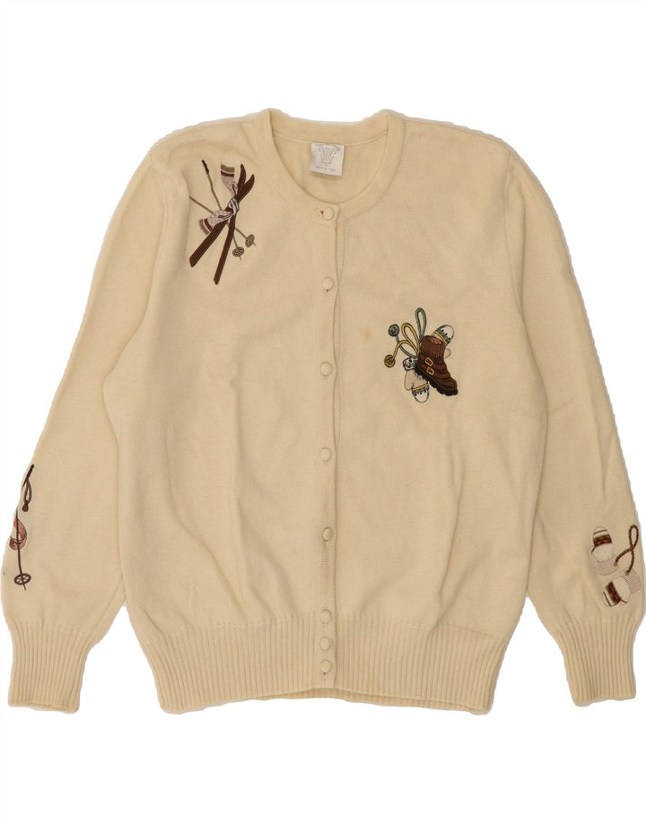 VINTAGE Womens Graphic Cardigan Sweater UK 14 Medium Off White Wool Vintage Vintage and Second-Hand Vintage from Messina Hembry 
