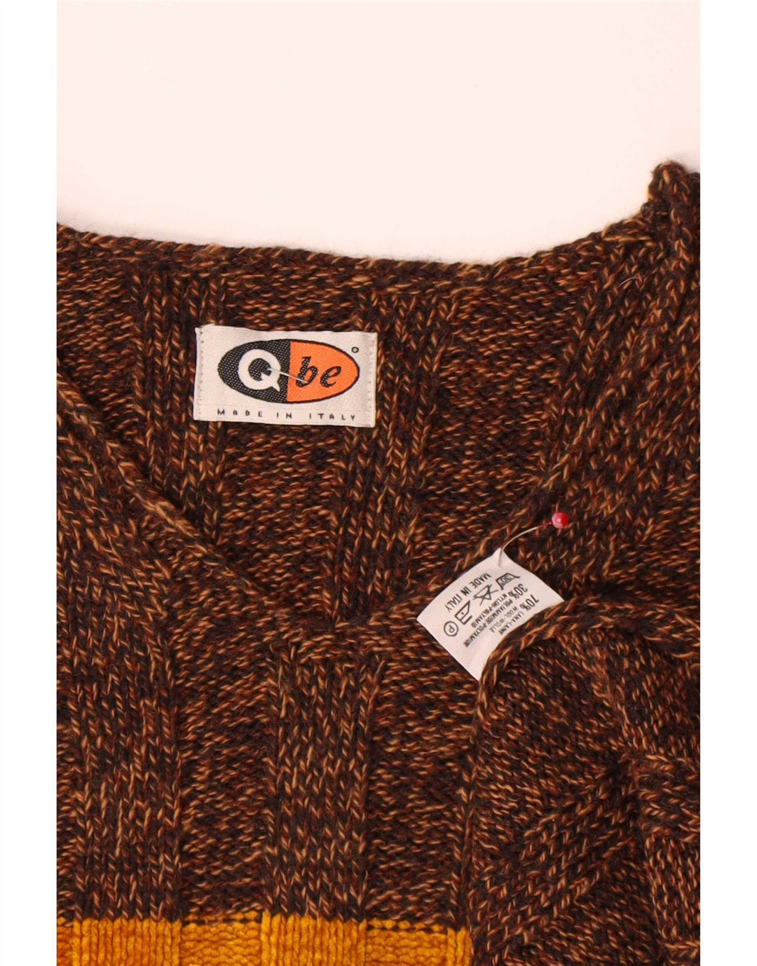 Vintage Mens V-Neck Jumper Sweater Large Brown Colourblock Wool