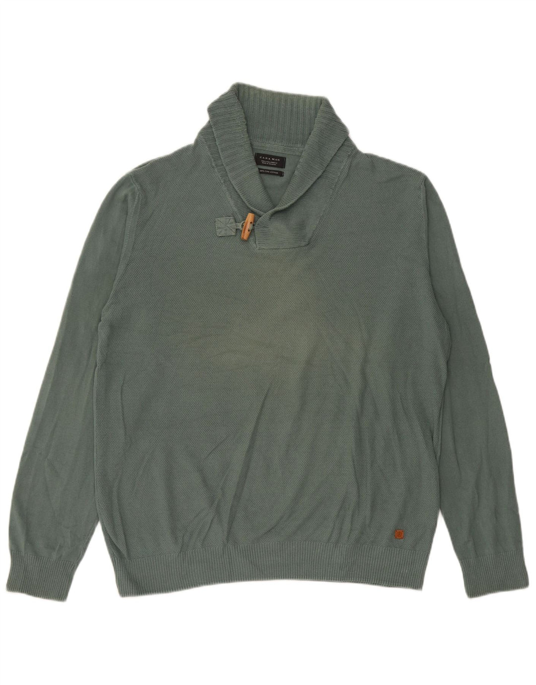 Zara Mens Shawl Neck Jumper Sweater Large Green Cotton