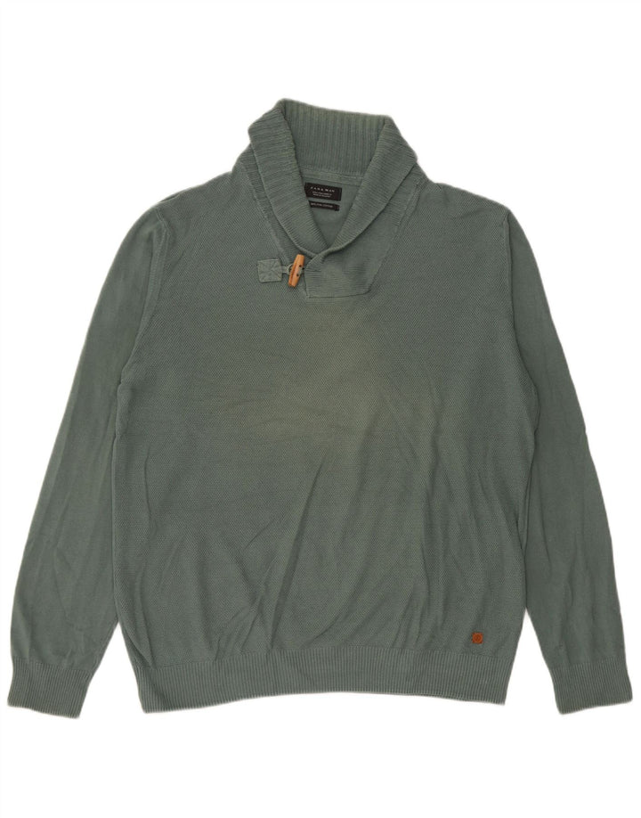 Zara Mens Shawl Neck Jumper Sweater Large Green Cotton