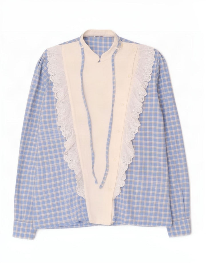 Camicia vintage da donna con volant sul davanti UK 16 grande quadretto blu