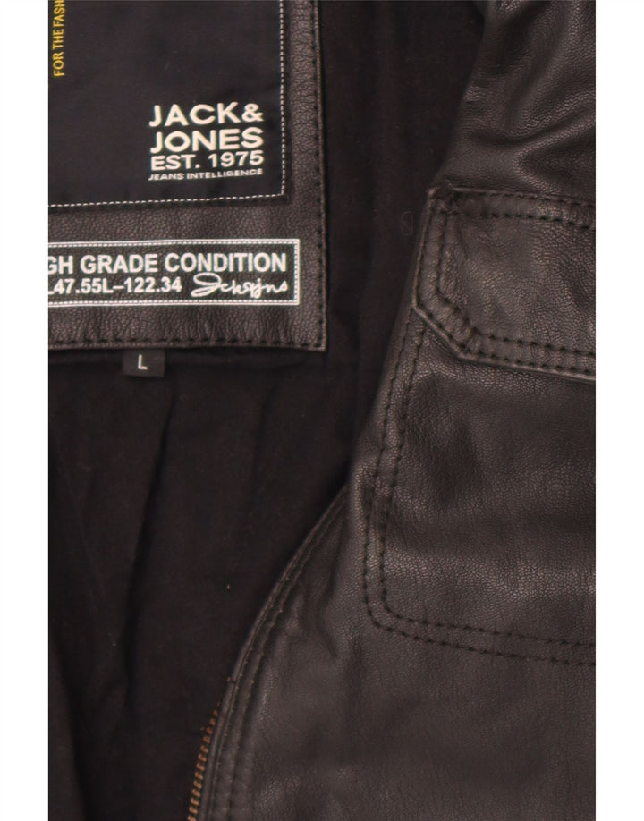 Jack & Jones Mens Bomber Leather Jacket UK 40 Large Black