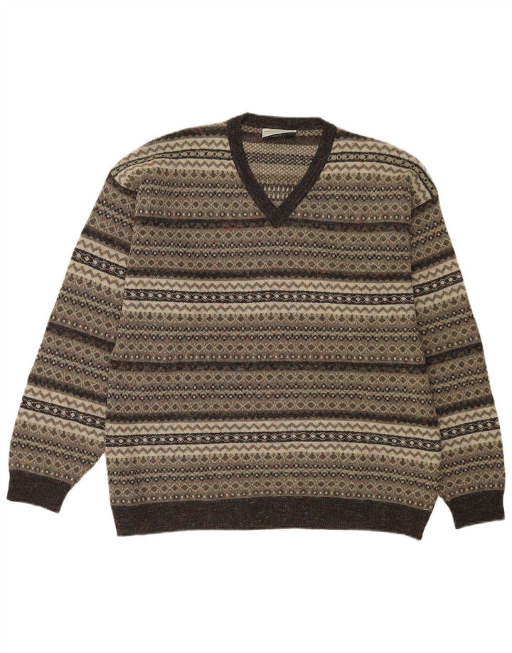 Enzo Goti Herren-Pullover mit V-Ausschnitt, Mittelgrau, Fair-Isle-Polyacryl