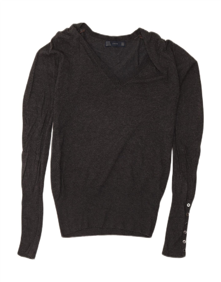 Zara Womens V-Neck Jumper Sweater UK 12 Medium Grey Flecked Rayon