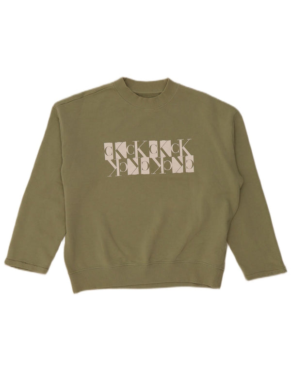 Calvin Klein Jeans Damen Crop Graphic Sweatshirt Pullover UK 14 Medium Khaki