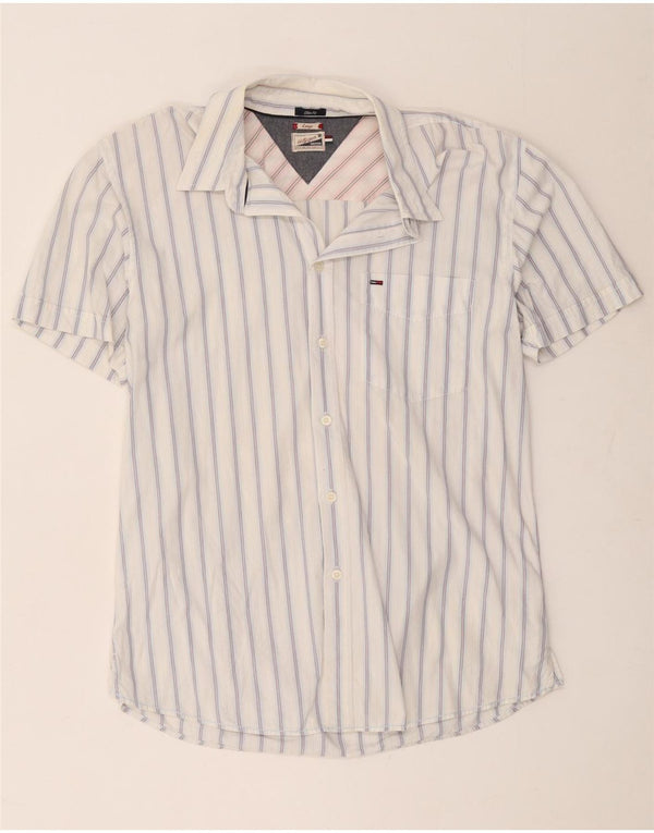 Camisa Tommy Hilfiger de manga corta y corte ajustado para hombre, algodón a rayas blancas grandes