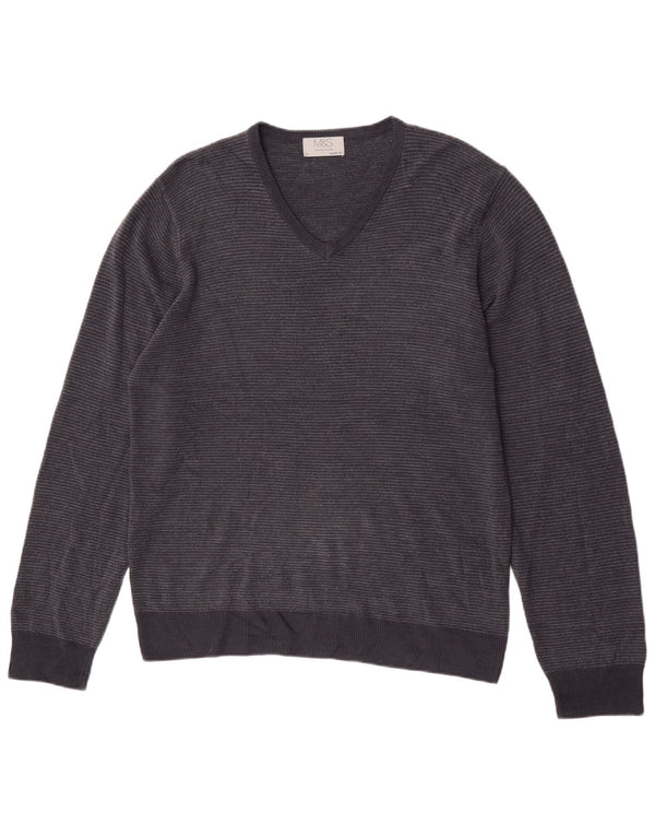 Marks & Spencer Mens V-Neck Jumper Sweater Medium Navy Blue Pinstripe