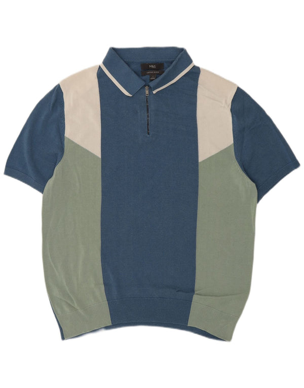 Marks & Spencer Mens Polo Neck Jumper Sweater Large Blue Colourblock