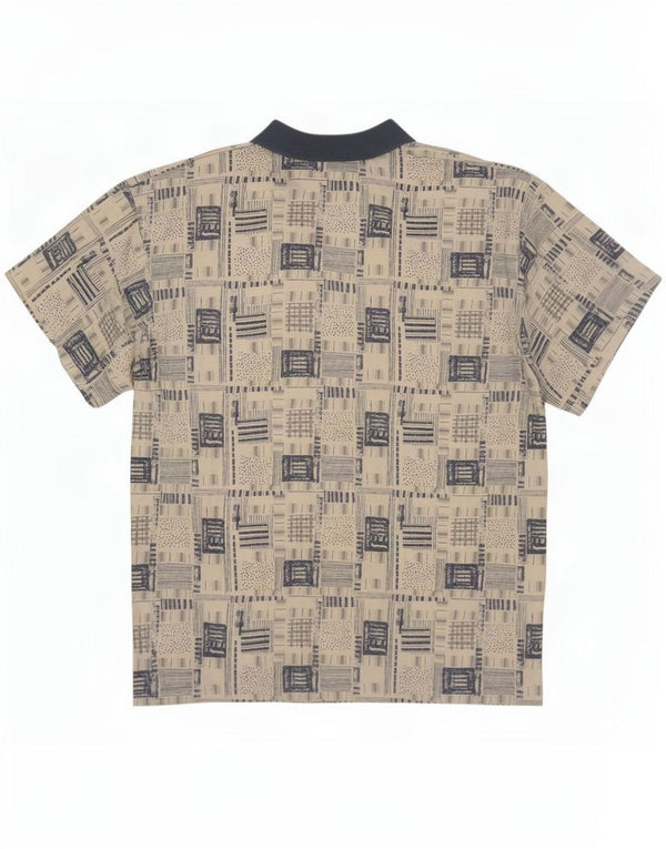 Vintage Mens Short Sleeve Pullover Shirt XL Beige Patchwork Viscose