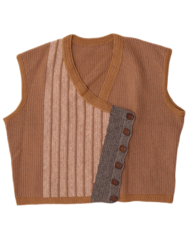 Vintage Womens Knit Waistcoat UK 16 Large Beige Striped
