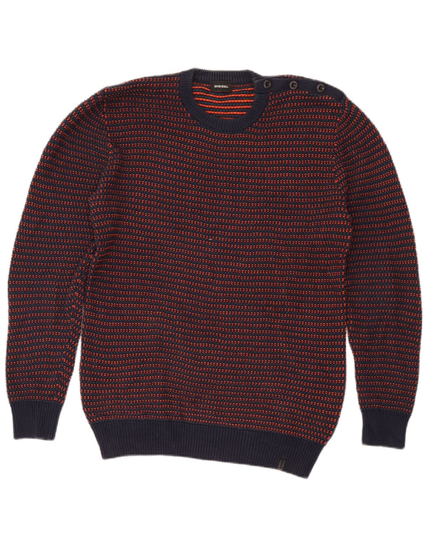 Diesel Mens Crew Neck Jumper Sweater Medium Navy Blue Striped Cotton