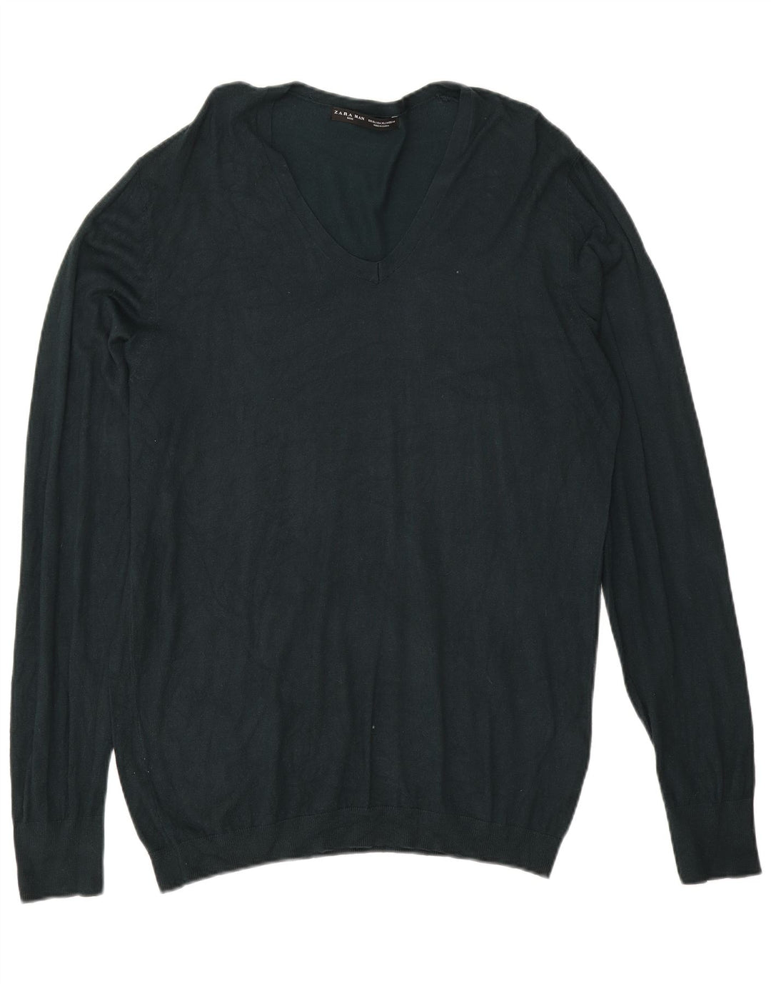 Zara Mens V-Neck Jumper Sweater XL Green Viscose