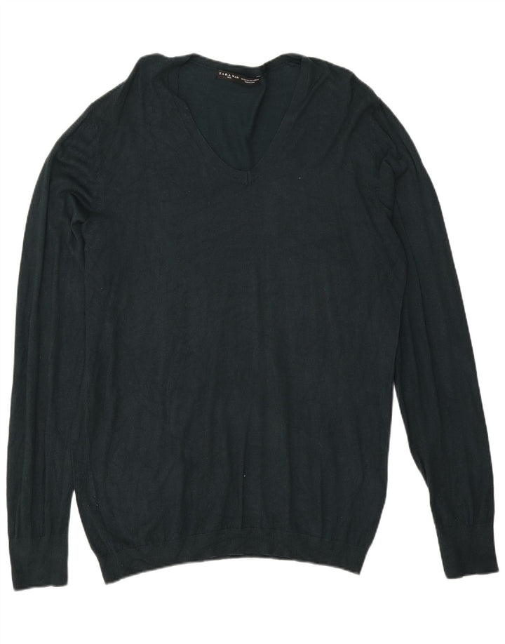 Zara Mens V-Neck Jumper Sweater XL Green Viscose