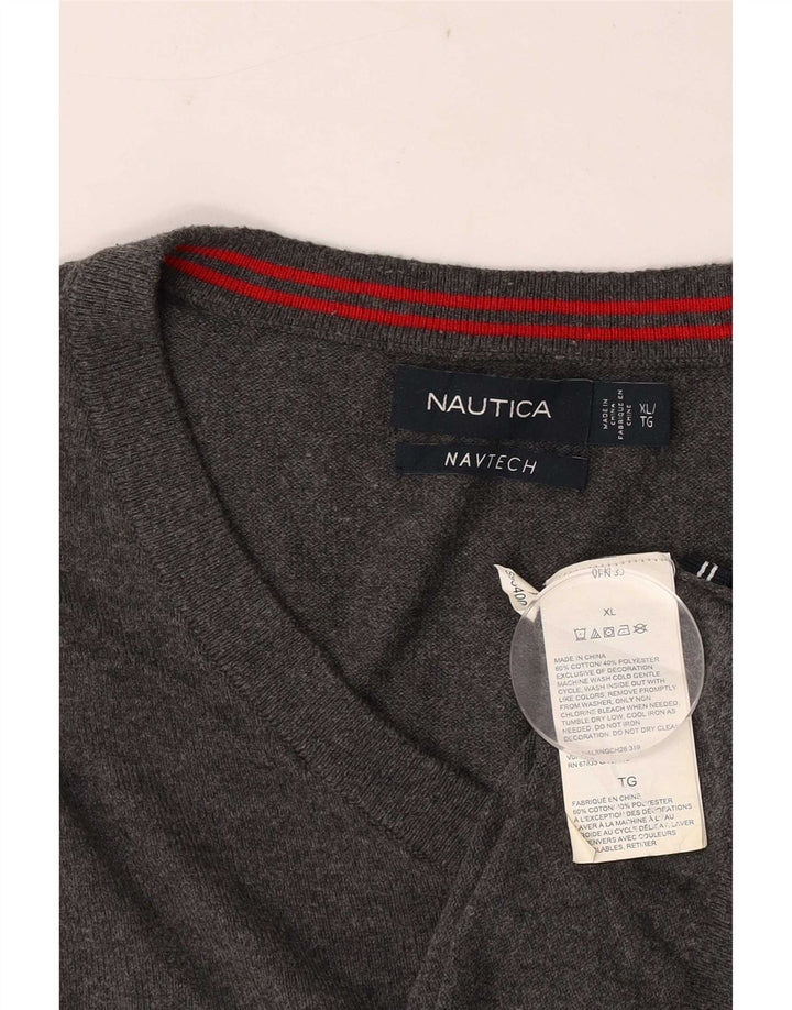 Nautica Mens Navtech V-Neck Jumper Sweater XL Grey Cotton