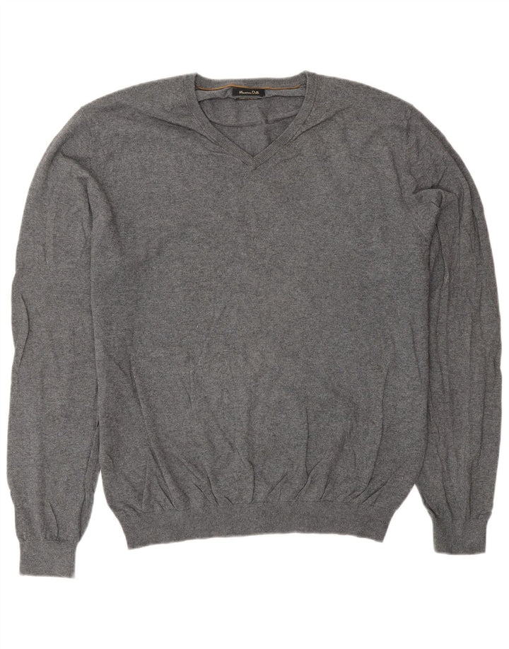 Massimo Dutti Mens V-Neck Jumper Sweater XL Grey Cotton