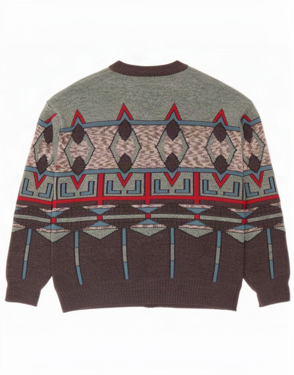 Vintage Mens Cardigan Sweater Large Grey Geometric