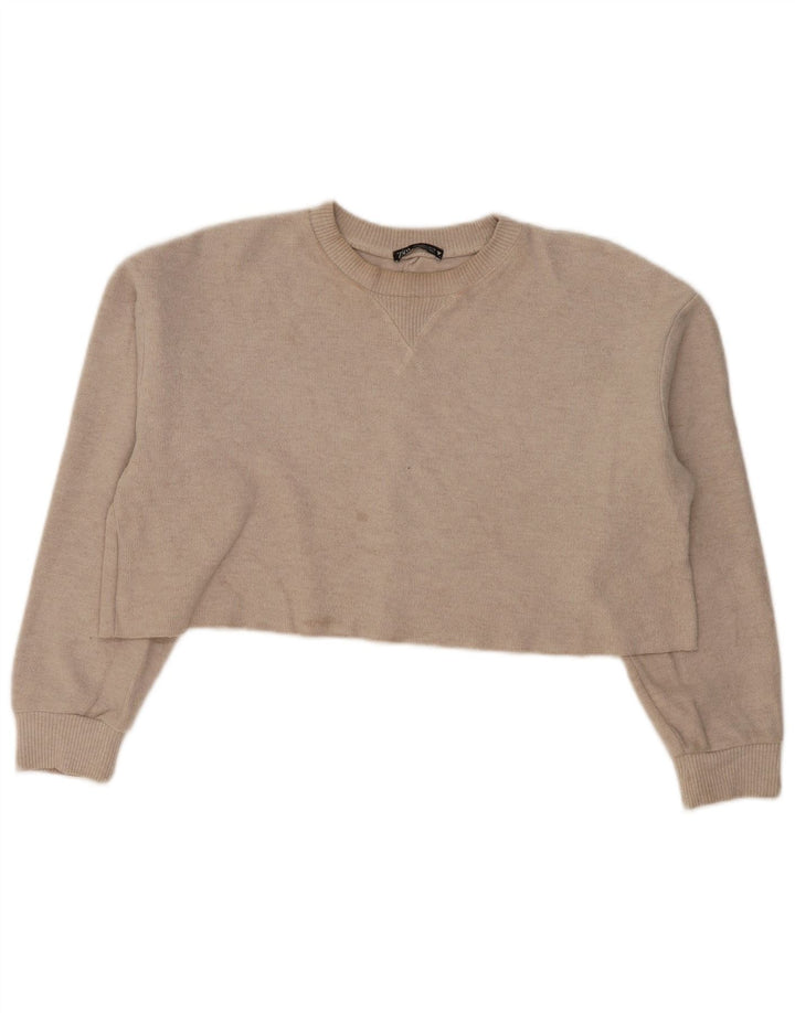 Zara Womens Crop Oversized Sweatshirt Jumper UK 16 Large Beige Polyester