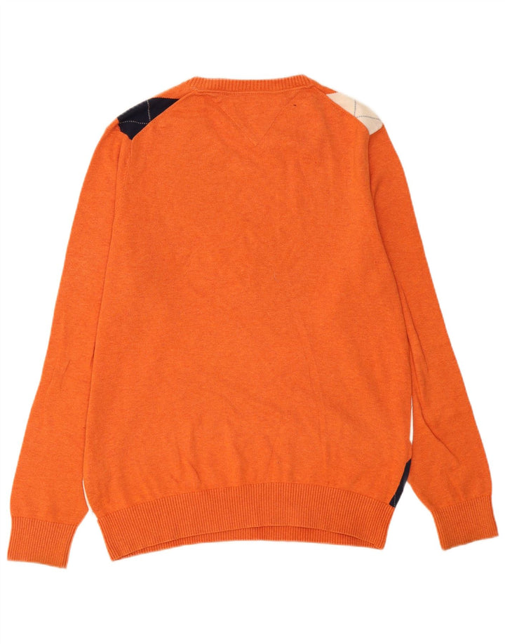 Tommy Hilfiger Mens V-Neck Jumper Sweater Medium Orange Argyle/Diamond