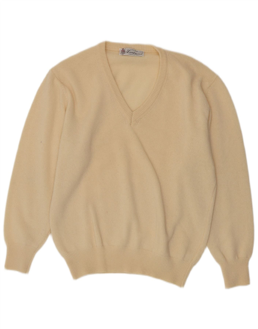 Vintage Mens V-Neck Jumper Sweater Medium Beige Lambswool