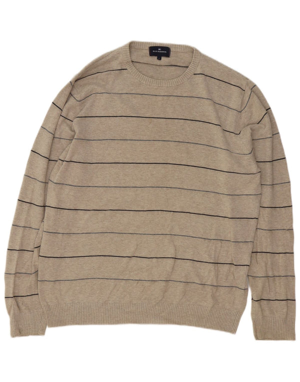 Blue Harbour Mens Crew Neck Jumper Sweater Large Beige Striped Cotton