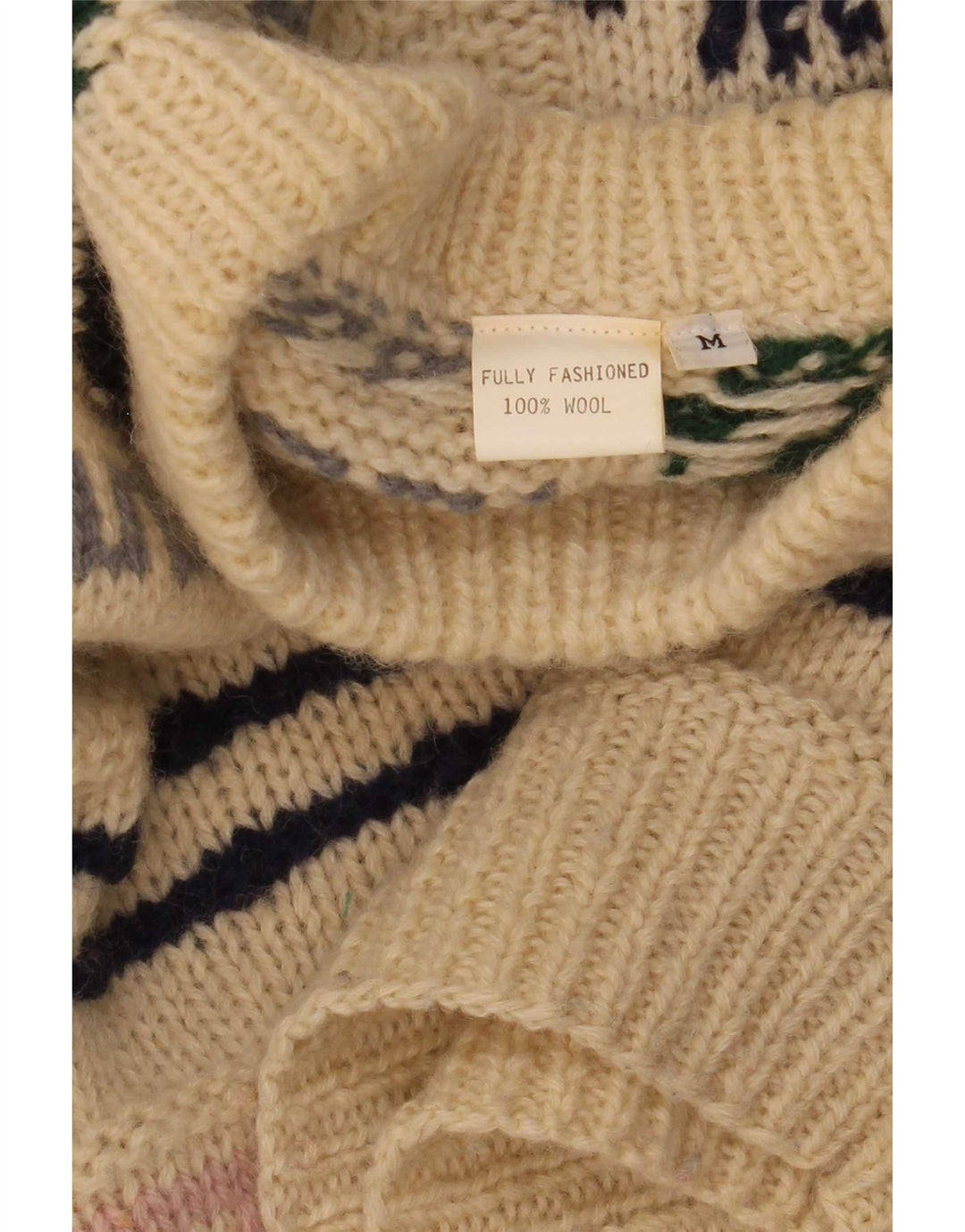 Vintage męski sweter z okrągłym dekoltem, średnio beżowy, patchworkowy wełniany