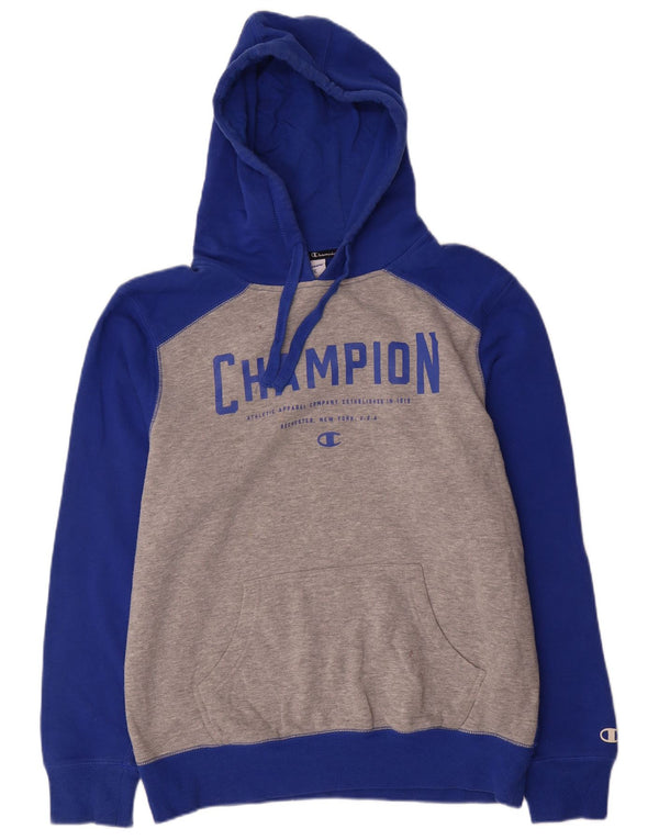 Champion Mens Graphic Hoodie Jumper Large Blue Colourblock Cotton