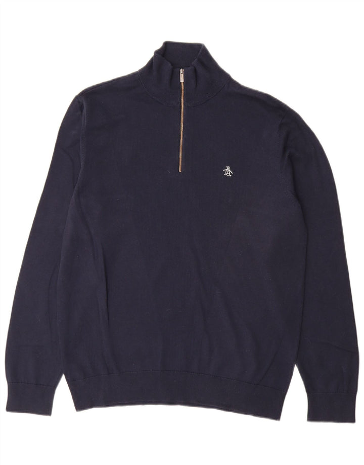 Penguin Mens Zip Neck Jumper Sweater Large Navy Blue Cotton
