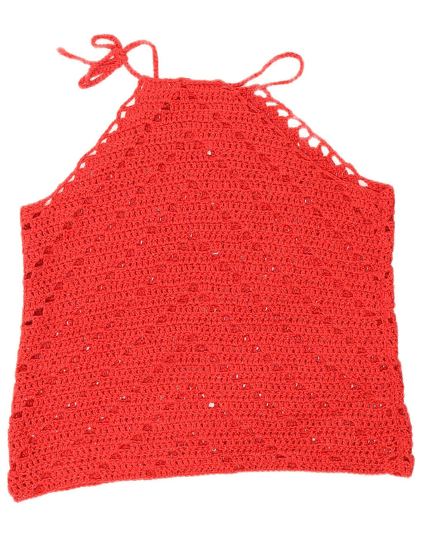 Vintage Womens See Through Crochet Halter Top UK 14 Medium Red