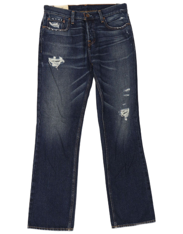 Hollister Mens Distressed Bootcut Jeans W32 L32 Blue Cotton