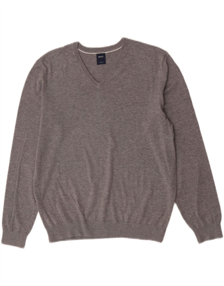 Boggi Mens Milano V-Neck Jumper Sweater Medium Grey Flecked Cotton