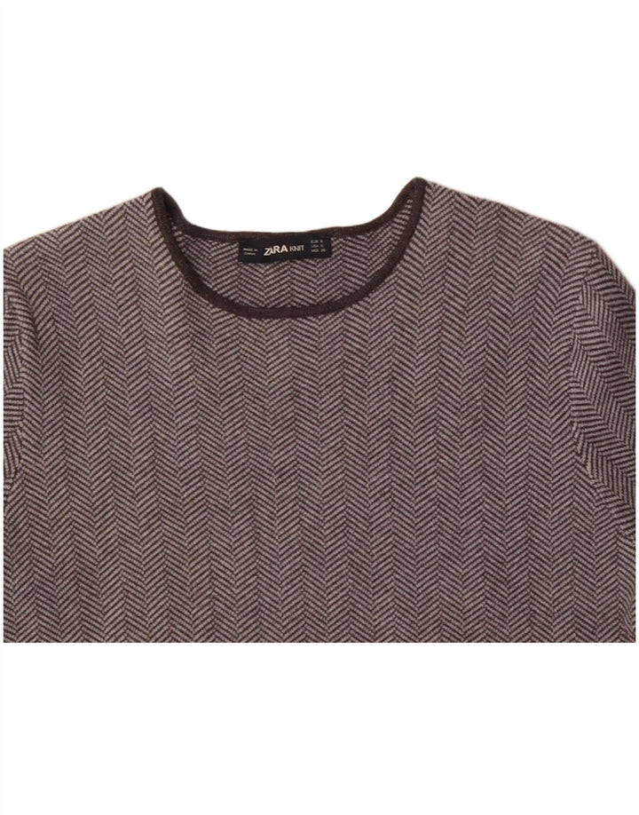 ZARA Womens T-Shirt Top UK 10 Small Grey Herringbone Viscose