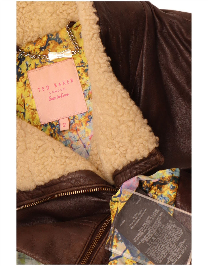 Ted Baker Damen-Lederjacke, Größe 2, kleines braunes Leder