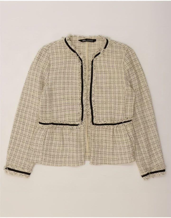 Zara Mujer Chaqueta Americana Abierta UK 10 Small Beige Check Poliéster