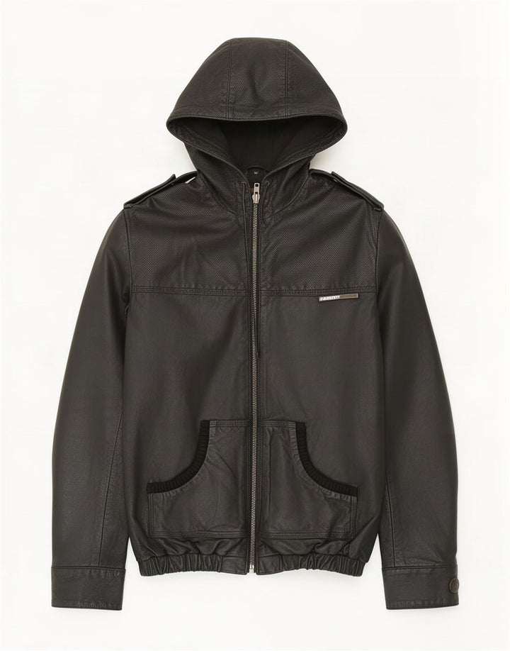 Superdry Mens Military Hooded Leather Jacket UK 38 Medium Black
