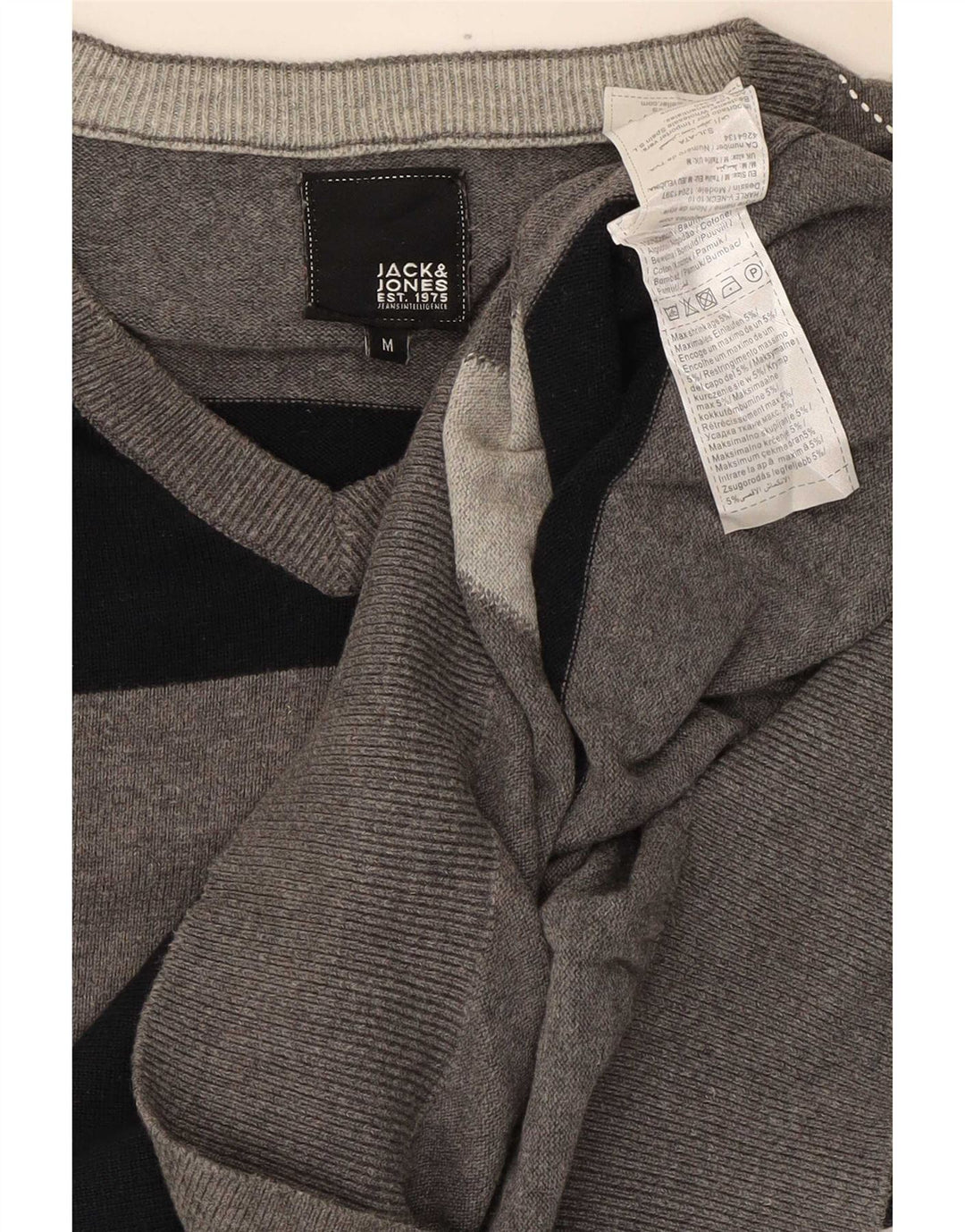 Jack & Jones Mens V-Neck Jumper Sweater Medium Grey Argyle/Diamond Cotton