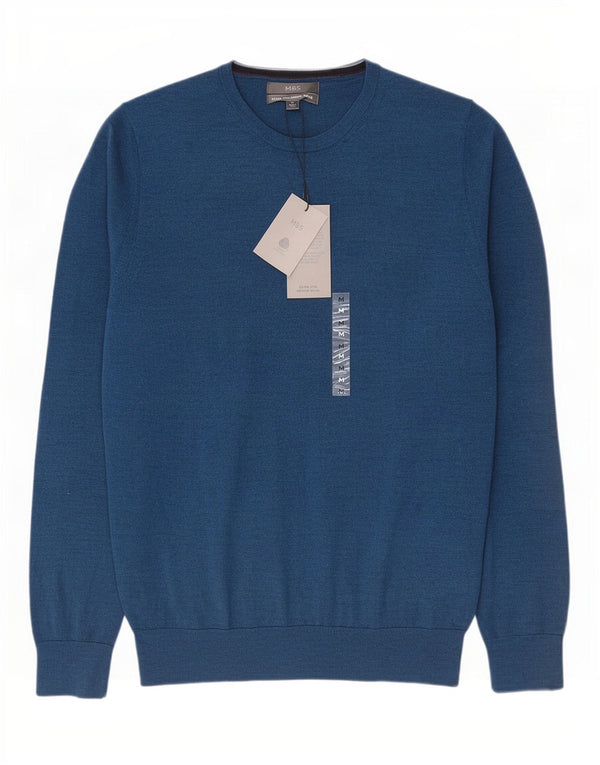Maglione maglione girocollo da uomo Marks & Spencer blu medio in lana merino