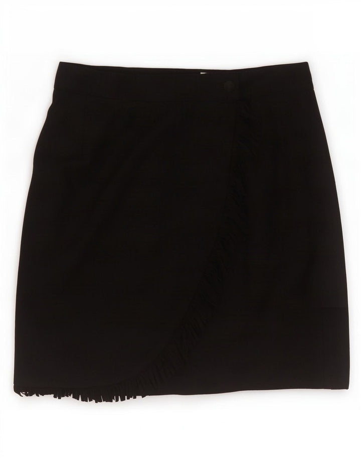 Mini gonna a portafoglio vintage da donna IT 46 grande W30 lana vergine nera