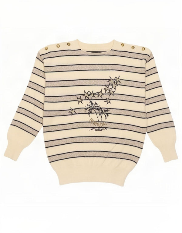 Maglione girocollo con grafica vintage da donna IT 46 a righe bianche grandi
