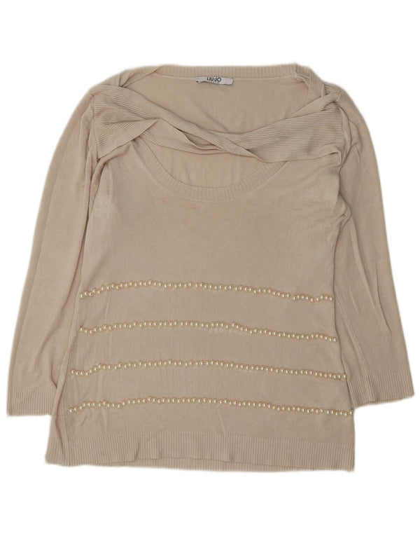 Liu Jo Womens Oversized Boat Neck Jumper Sweater UK 10 Small Beige Viscose