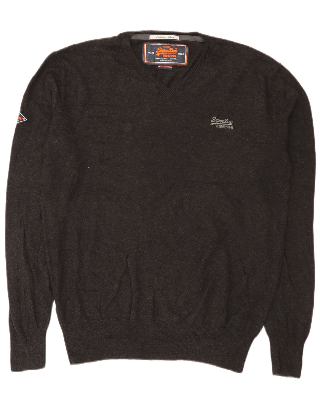 Superdry Mens V-Neck Jumper Sweater XL Grey Cotton