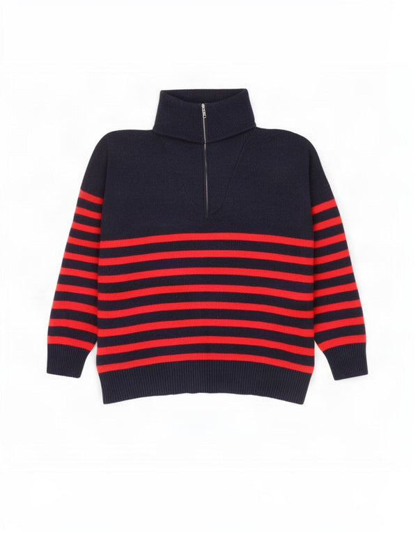 Zara Womens Oversized Zip Neck Jumper Sweater UK 16 Large Navy Blue Striped