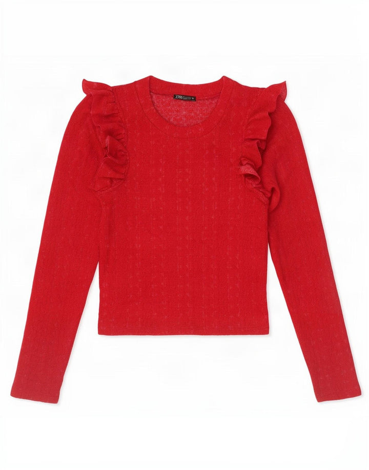 Top cu mânecă lungă pentru femei Zara Crop Ruffle Front UK 8 Small Red